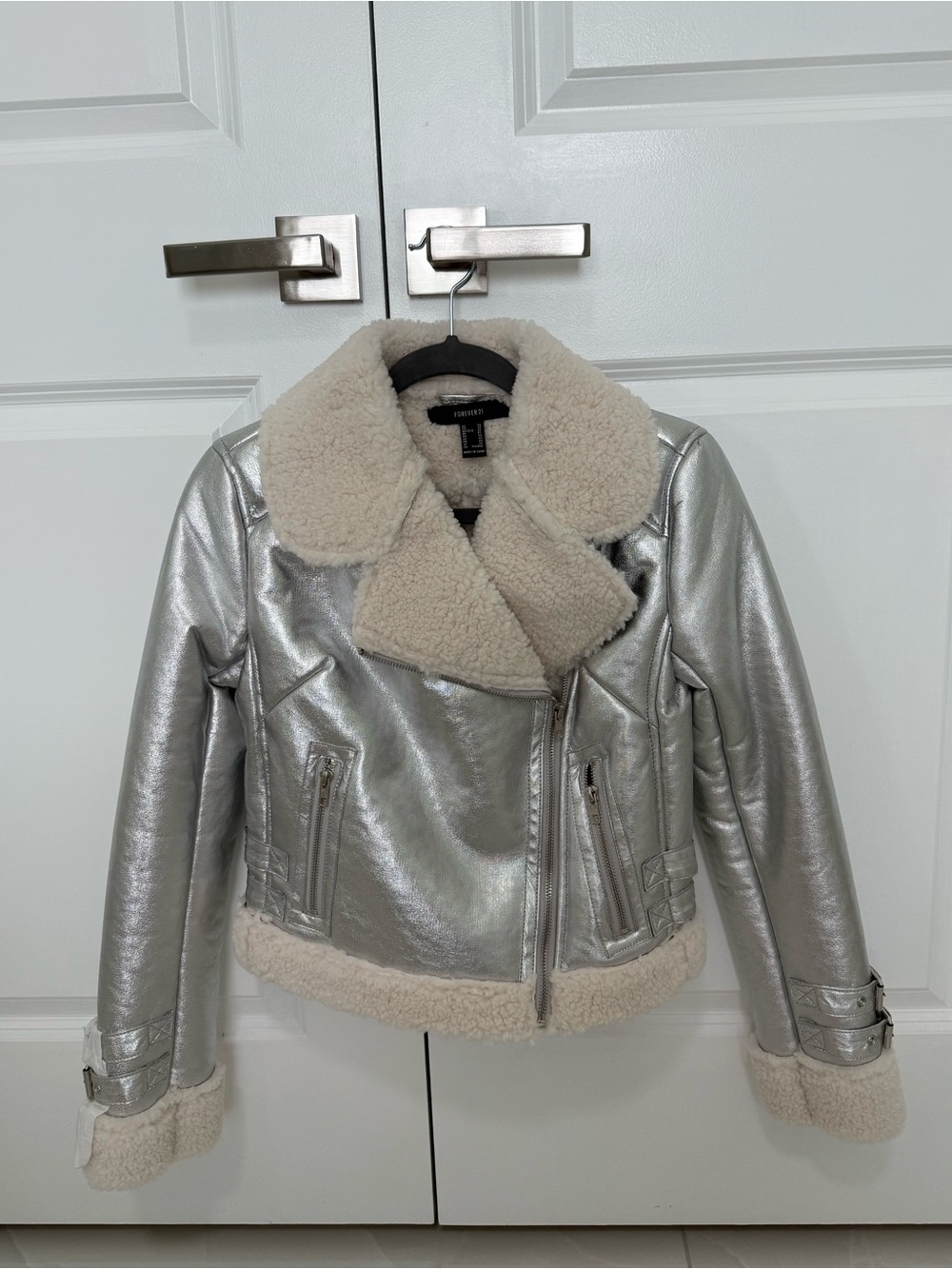Metallic Silver Sherpa Lined Moto Jacket Y2K